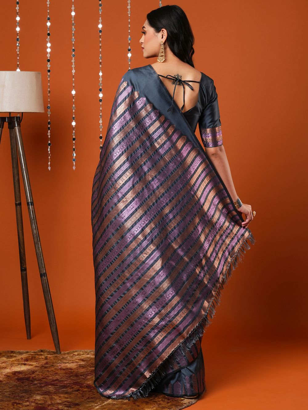 Buy Petra Grey Silk Blend Banarasi Striped One Minute Saree Online