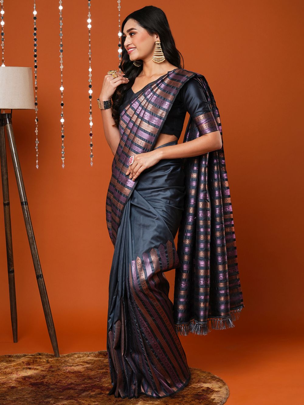 Buy Petra Grey Silk Blend Banarasi Striped One Minute Saree Online - Back