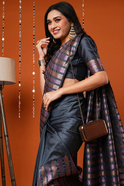 Buy Petra Grey Silk Blend Banarasi Striped One Minute Saree Online - One Minute Saree