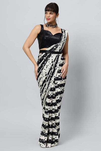 Buy Mira Black & Off-White Stripes Georgette with Sequins One Minute Saree Online - One Minute Saree