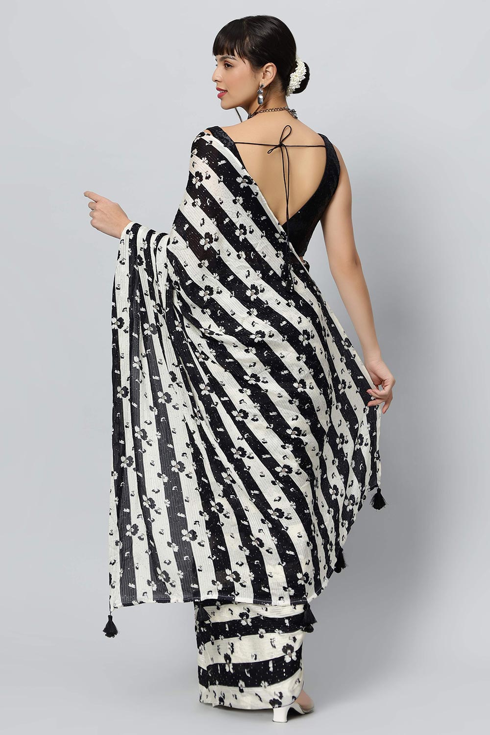 Buy Mira Black & Off-White Stripes Georgette with Sequins One Minute Saree Online - One Minute Saree