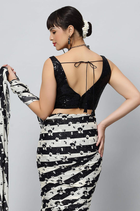 Buy Mira Black & Off-White Stripes Georgette with Sequins One Minute Saree Online - Side