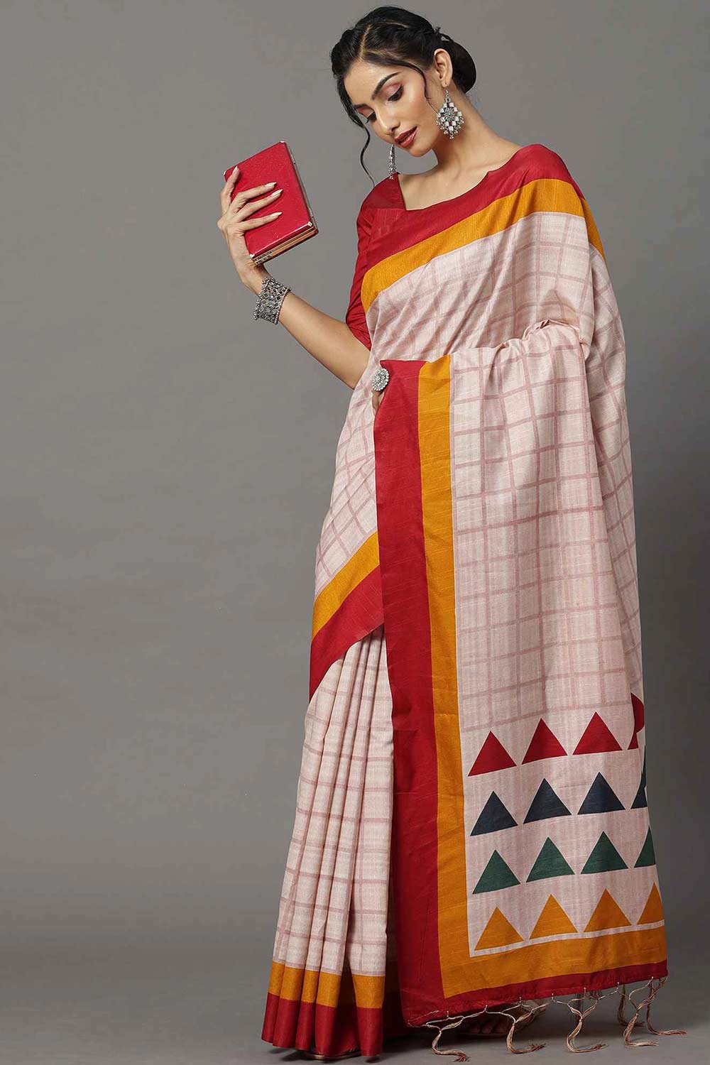 Buy Nadia Bhagalpuri Silk Cream Printed One Minute Saree Online - Back