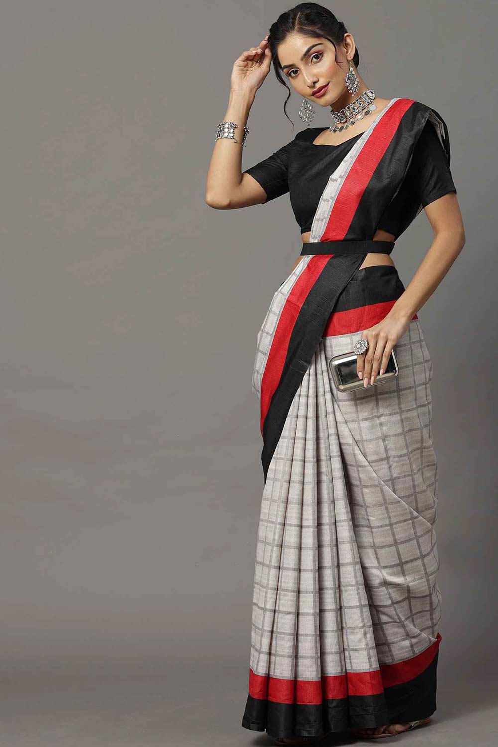 Buy Riya Bhagalpuri Silk Grey Printed Designer One Minute Saree Online - Back