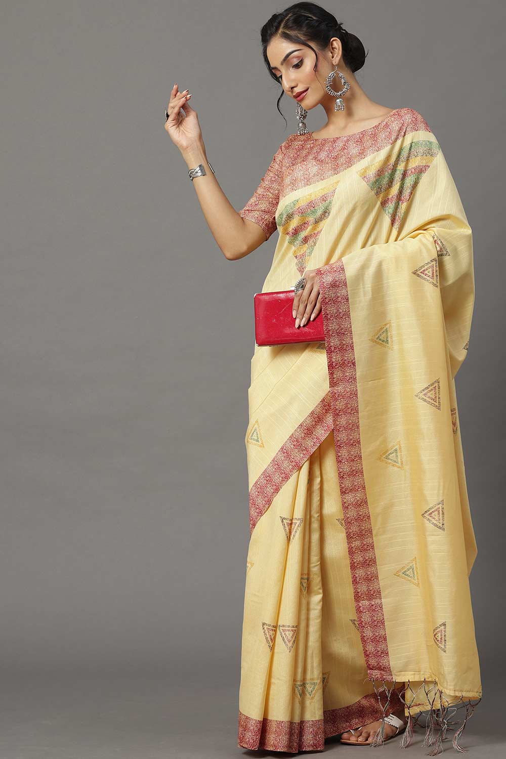 Buy Lucia Bhagalpuri Silk Yellow Printed One Minute Saree Online - Back