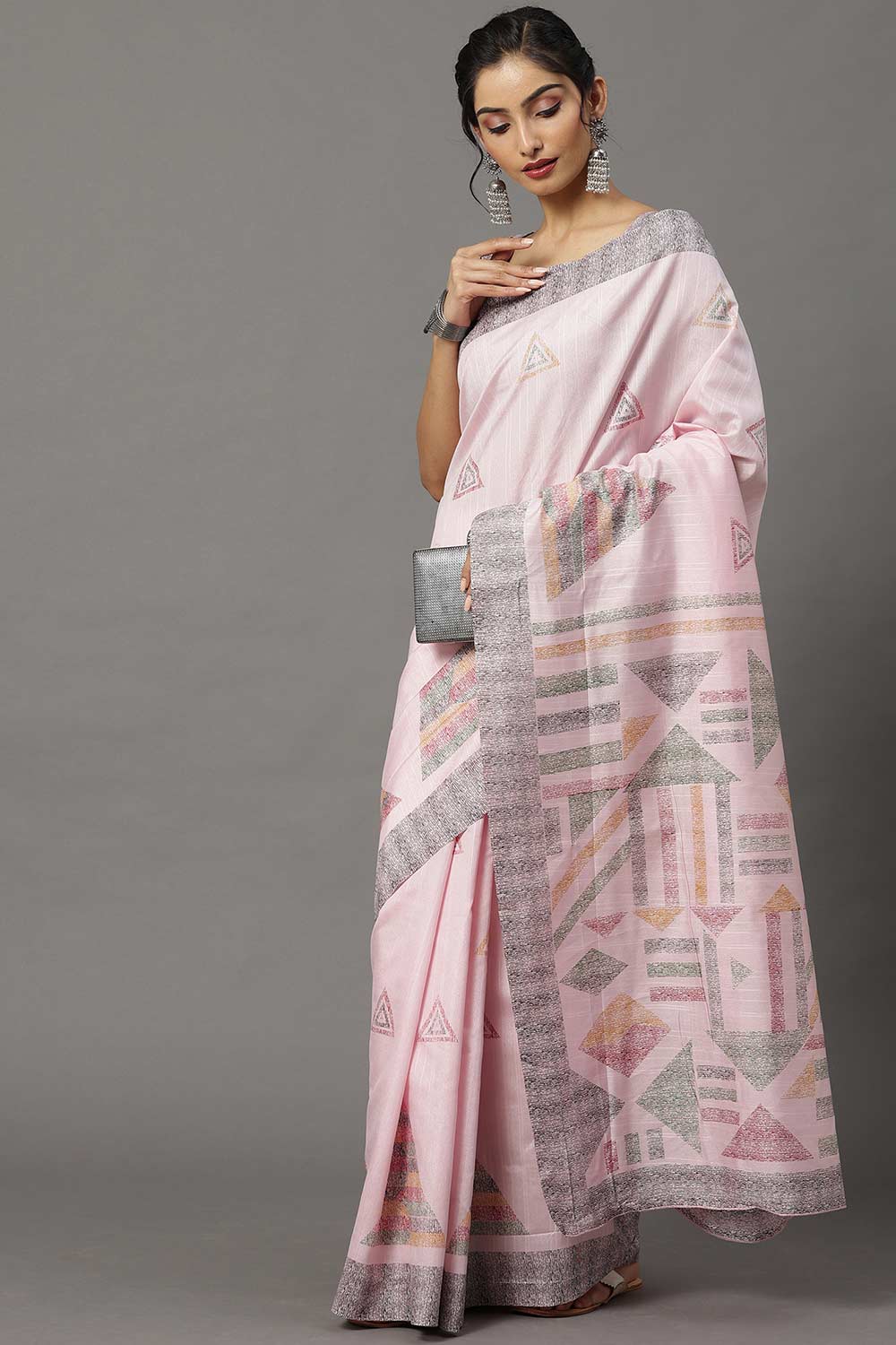 Buy Saira Bhagalpuri Silk Pink Printed Designer One Minute Saree Online - Back