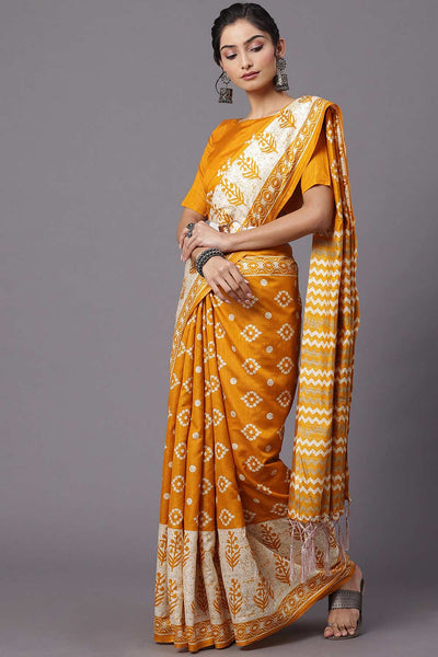 Buy Kaira Bhagalpuri Silk Yellow Printed Designer One Minute Saree Online - Back