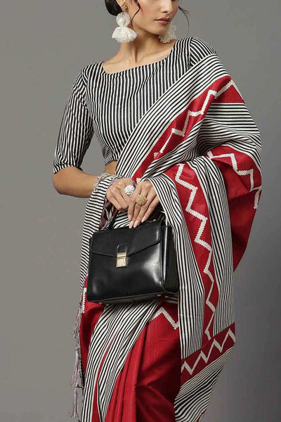 Buy Serena Bhagalpuri Silk Red And Black Printed Designer One Minute Saree Online - Zoom In