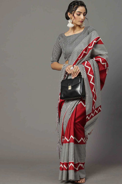 Buy Serena Bhagalpuri Silk Red And Black Printed Designer One Minute Saree Online - One Minute Saree