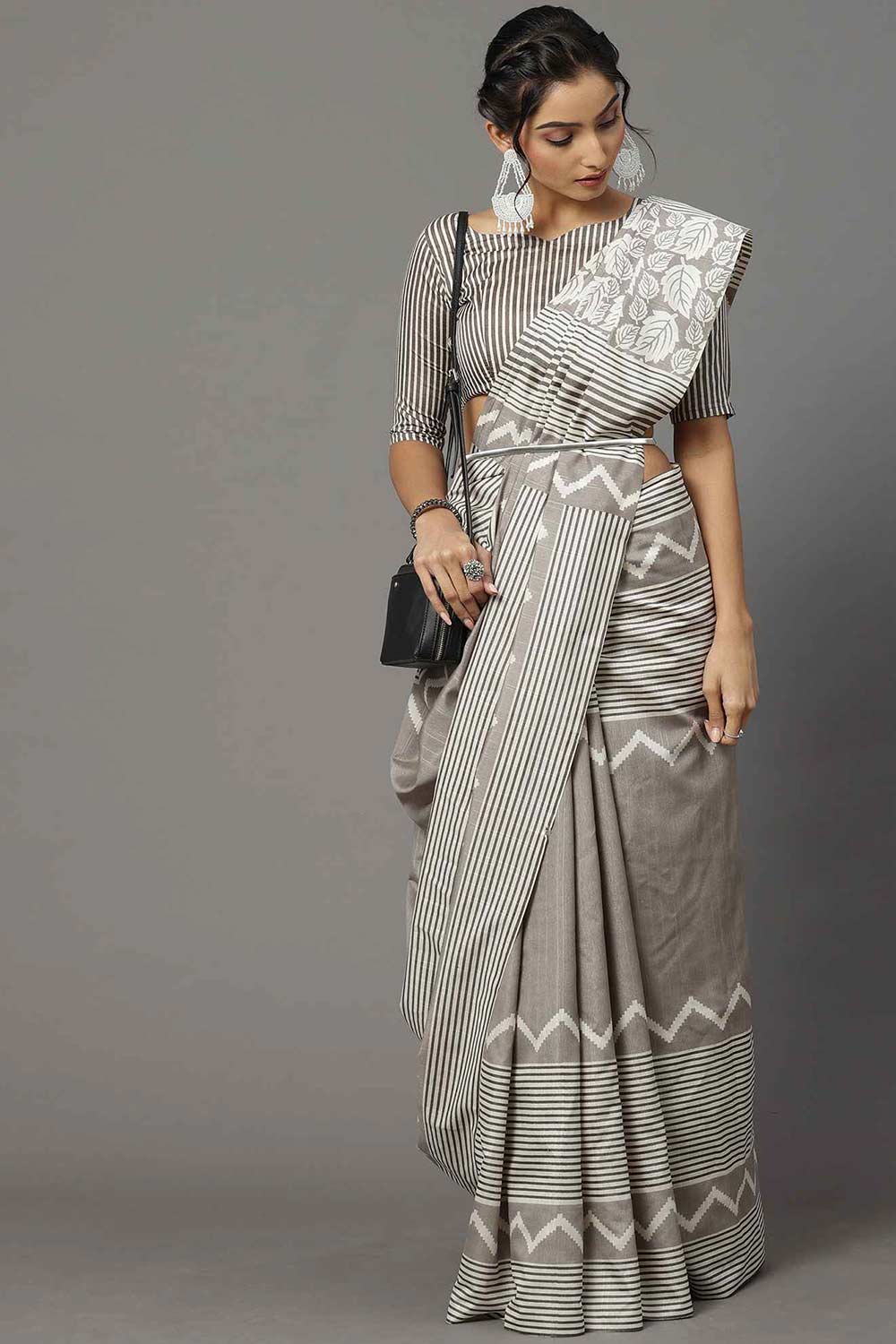 Buy Shelly Bhagalpuri Silk Grey Printed Designer One Minute Saree Online - One Minute Saree