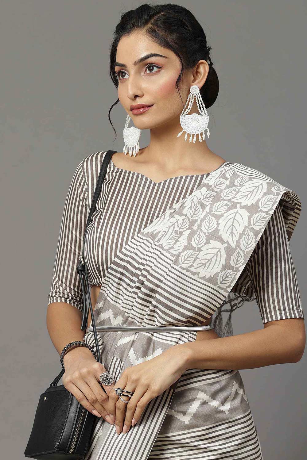 Buy Shelly Bhagalpuri Silk Grey Printed Designer One Minute Saree Online
