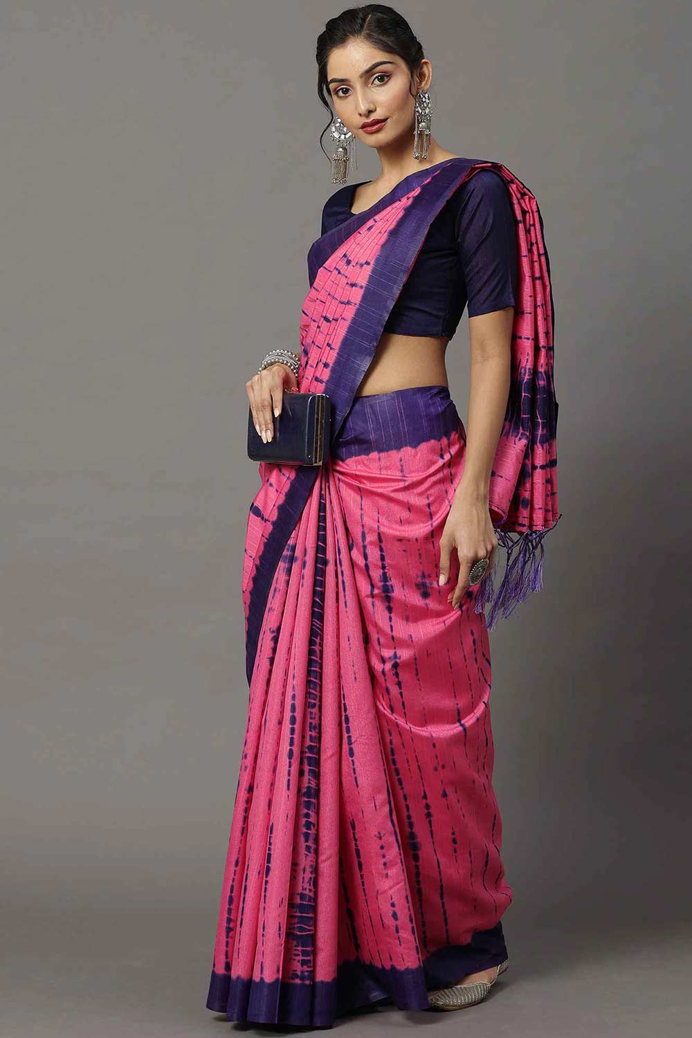 Buy Ashlee Bhagalpuri Silk Pink Printed One Minute Saree Online - Back