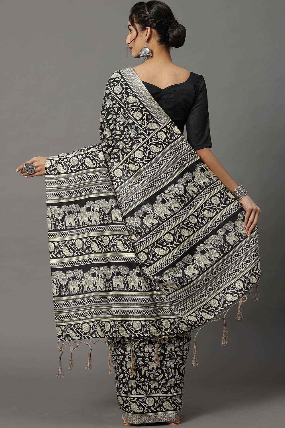 Shop Hema Bhagalpuri Silk Black Printed Designer One Minute Saree at best offer at our  Store - One Minute Saree