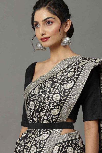 Buy Hema Bhagalpuri Silk Black Printed Designer One Minute Saree Online