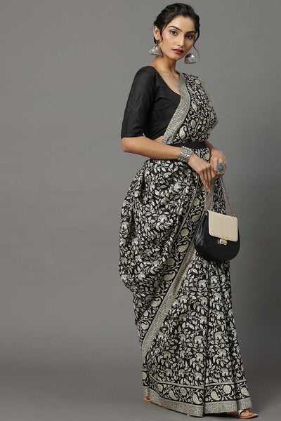 Buy Hema Bhagalpuri Silk Black Printed Designer One Minute Saree Online - Back