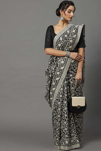 Buy Hema Bhagalpuri Silk Black Printed Designer One Minute Saree Online - One Minute Saree