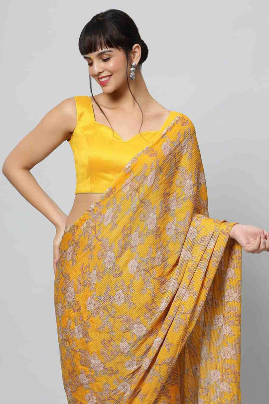 Buy Sienna Mustard Georgette Floral Sequins One Minute Saree Online