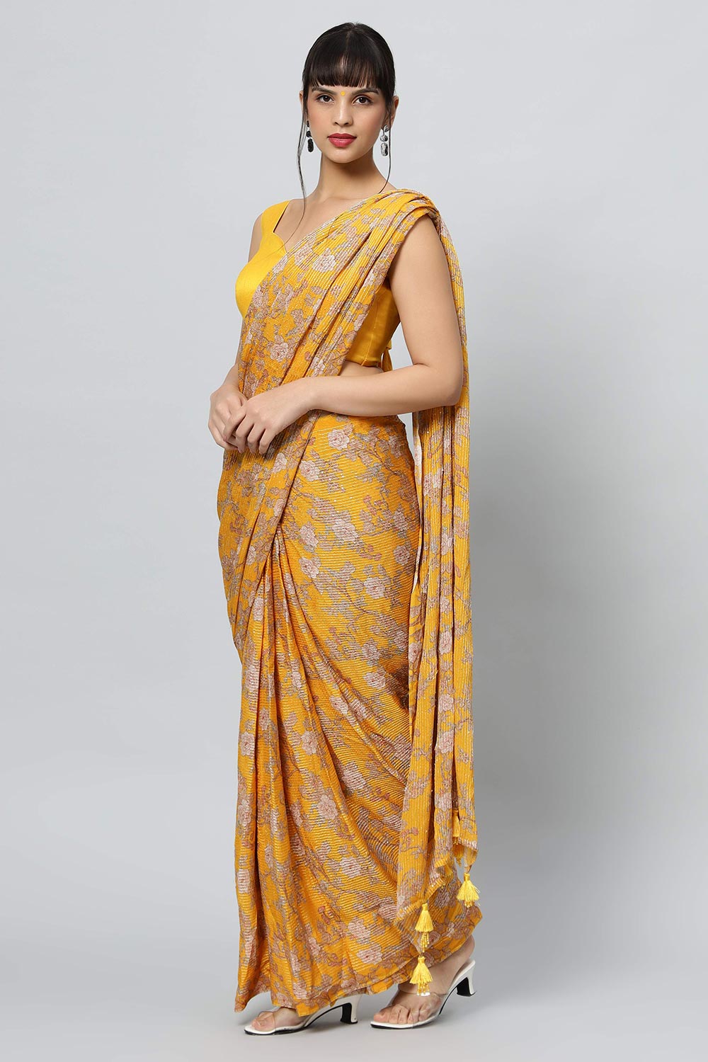 Buy Sienna Mustard Georgette Floral Sequins One Minute Saree Online - One Minute Saree