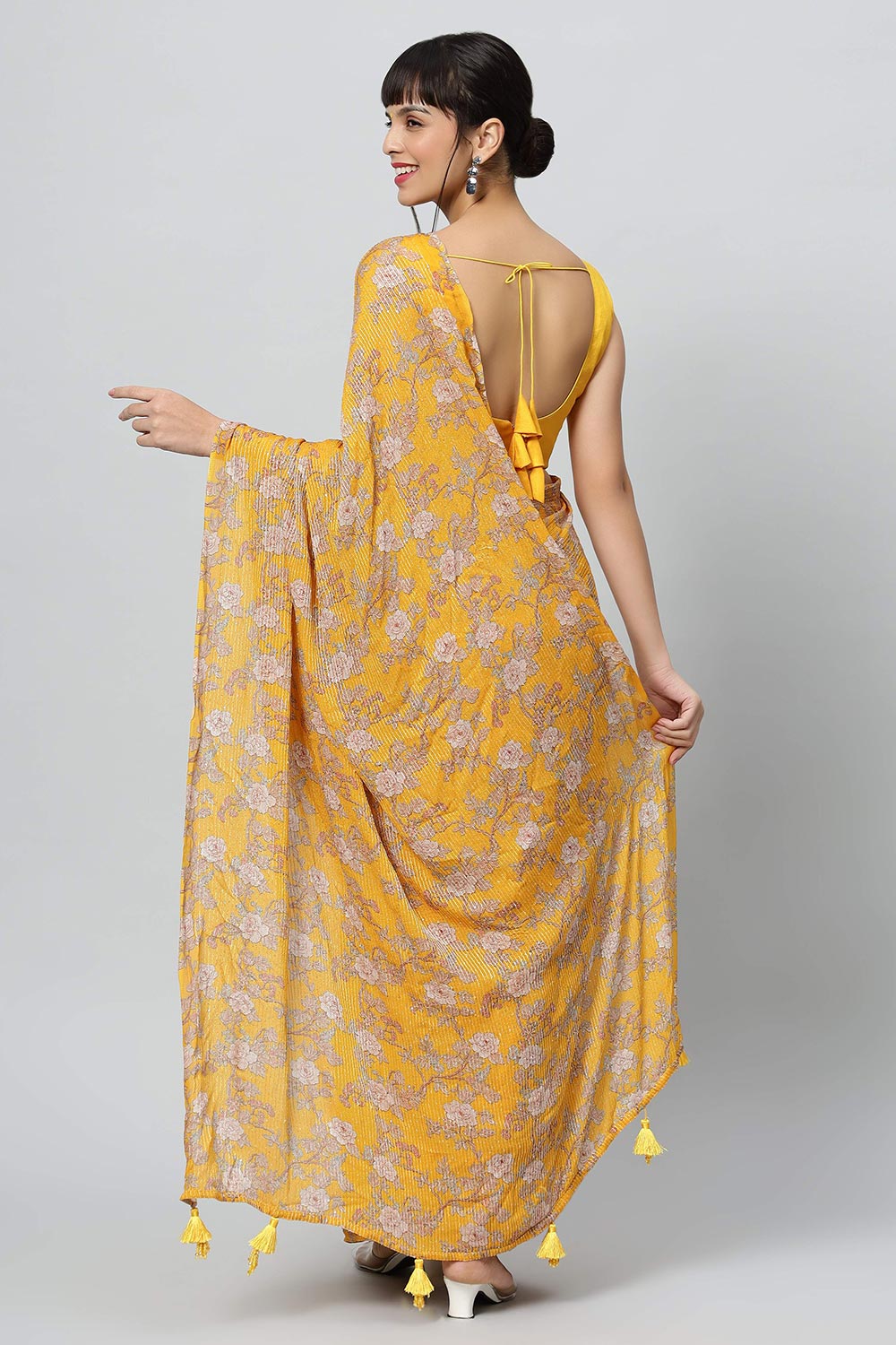 Buy Sienna Mustard Georgette Floral Sequins One Minute Saree Online - Back
