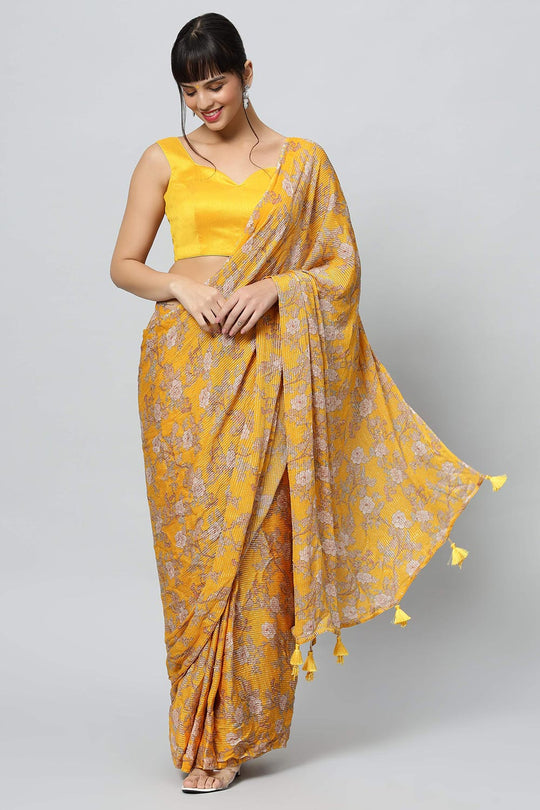Buy Sienna Mustard Georgette Floral Sequins One Minute Saree Online - Front