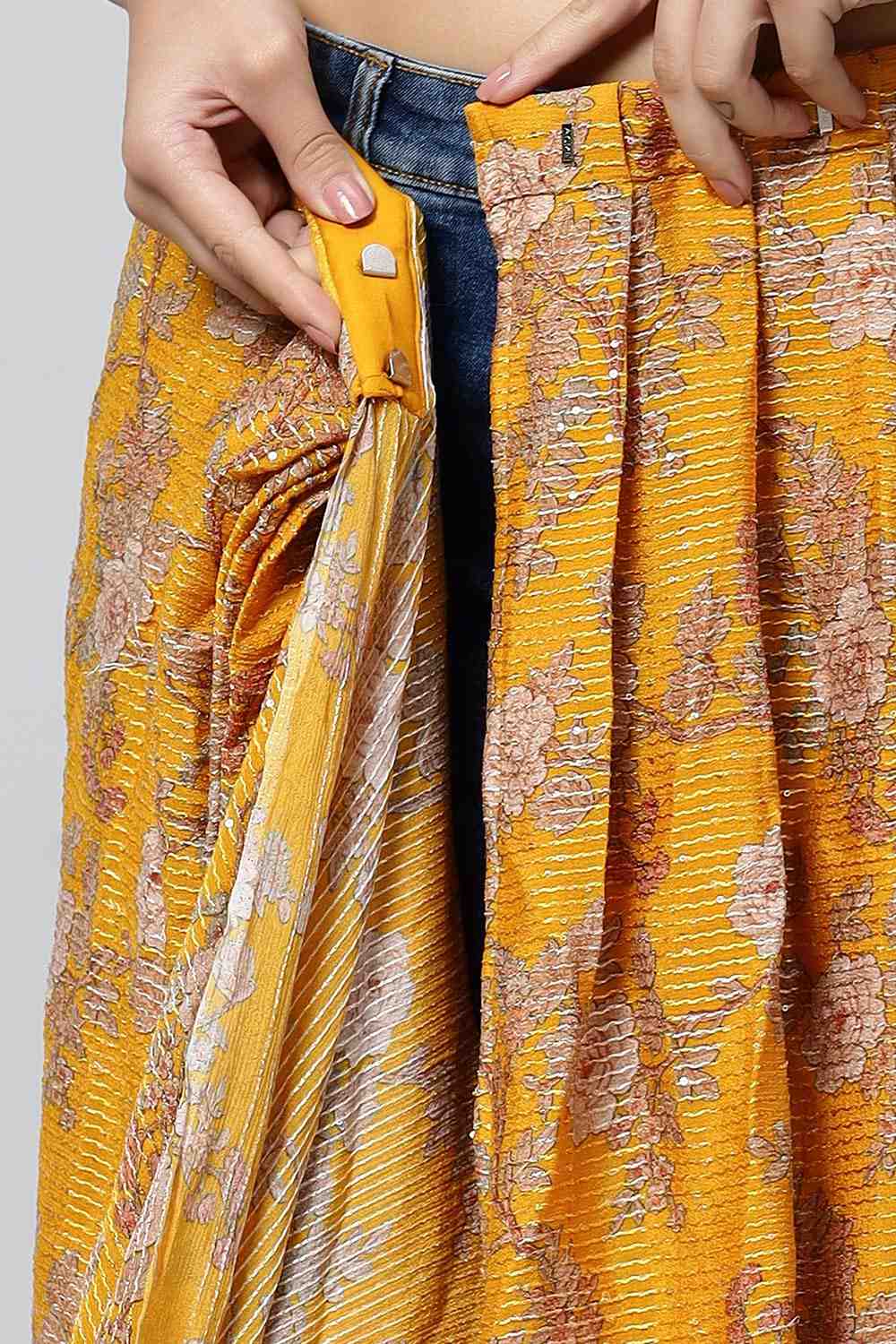 Buy Sienna Mustard Georgette Floral Sequins One Minute Saree Online - Zoom In