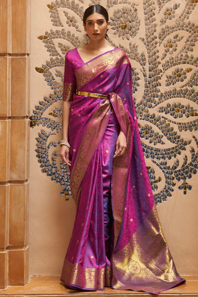 Buy Purple Silk Foil Print Lace Saree Online - One Minute Saree
