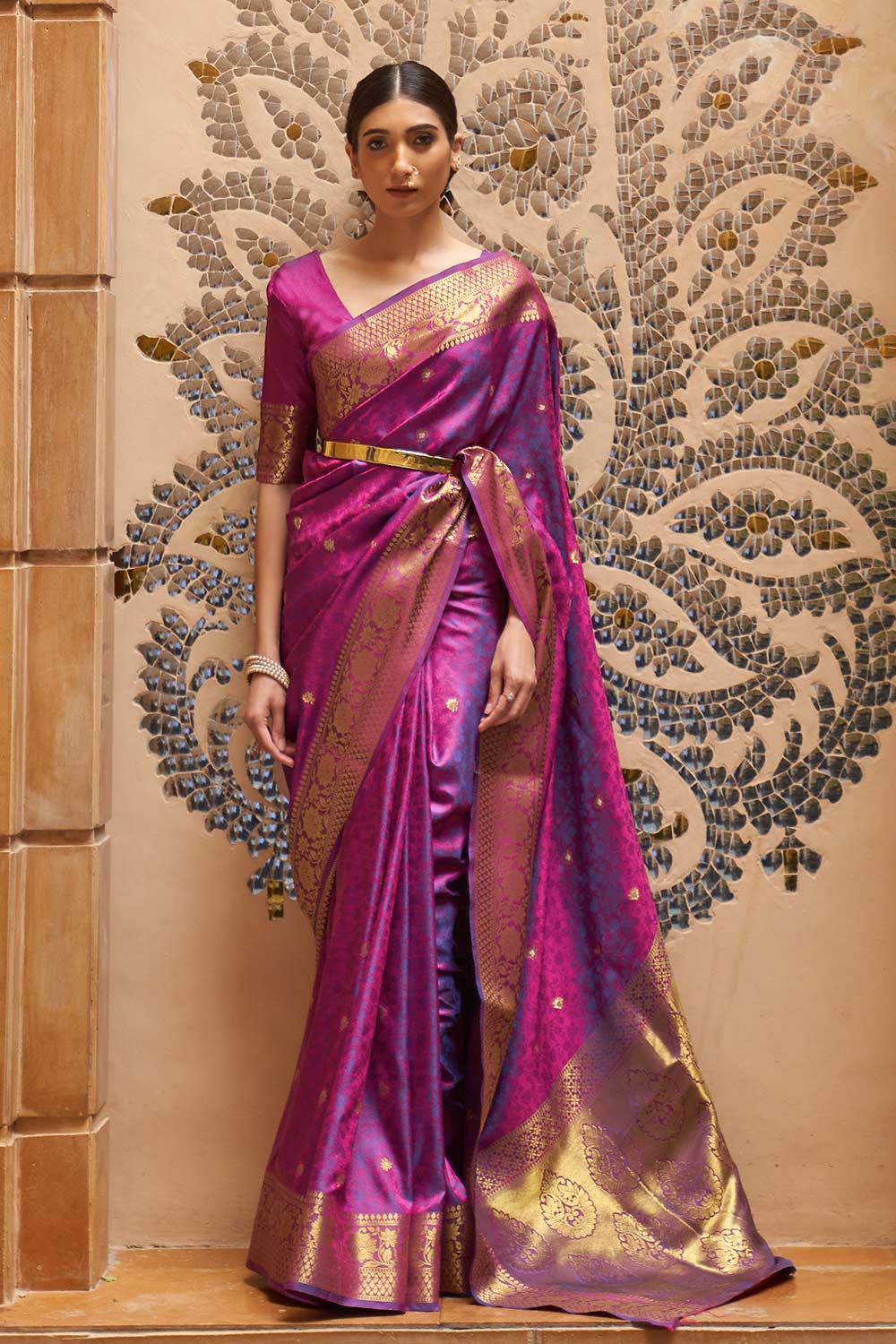 Buy Purple Silk Foil Print Lace Saree Online