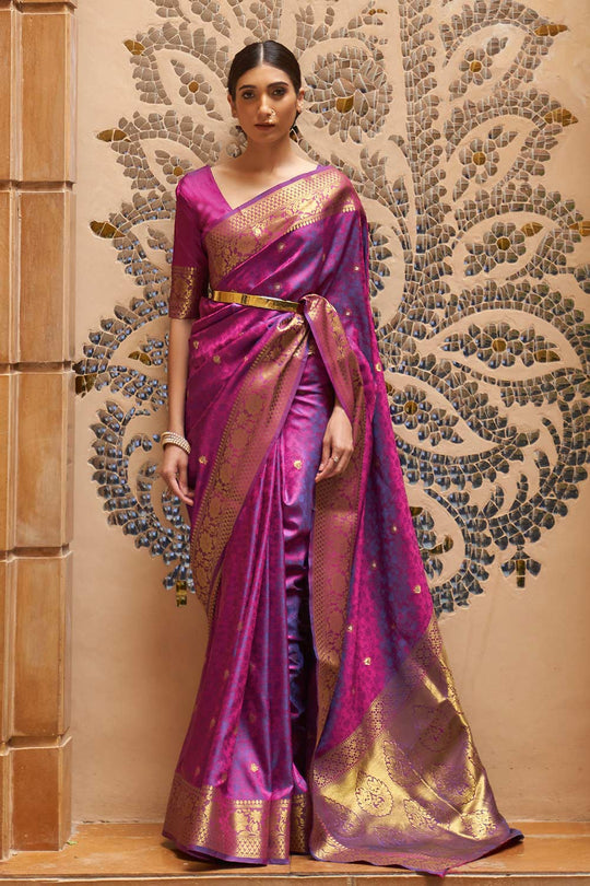 Buy Purple Silk Foil Print Lace Saree Online