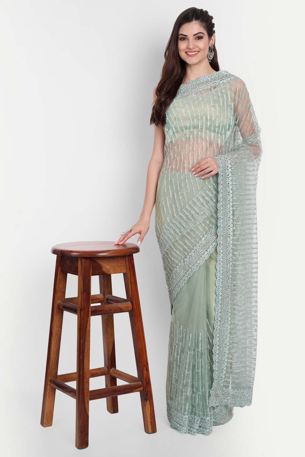 Buy Ziara Green Net Thread Embroidered One Minute Saree Online - Front