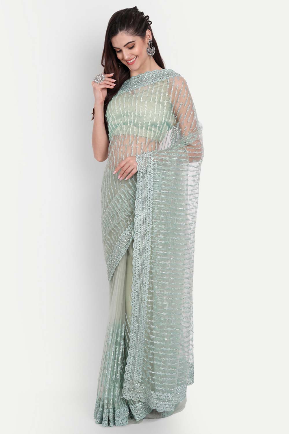 Buy Ziara Green Net Thread Embroidered One Minute Saree Online