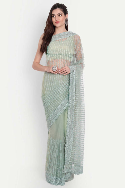 Buy Ziara Green Net Thread Embroidered One Minute Saree Online - One Minute Saree