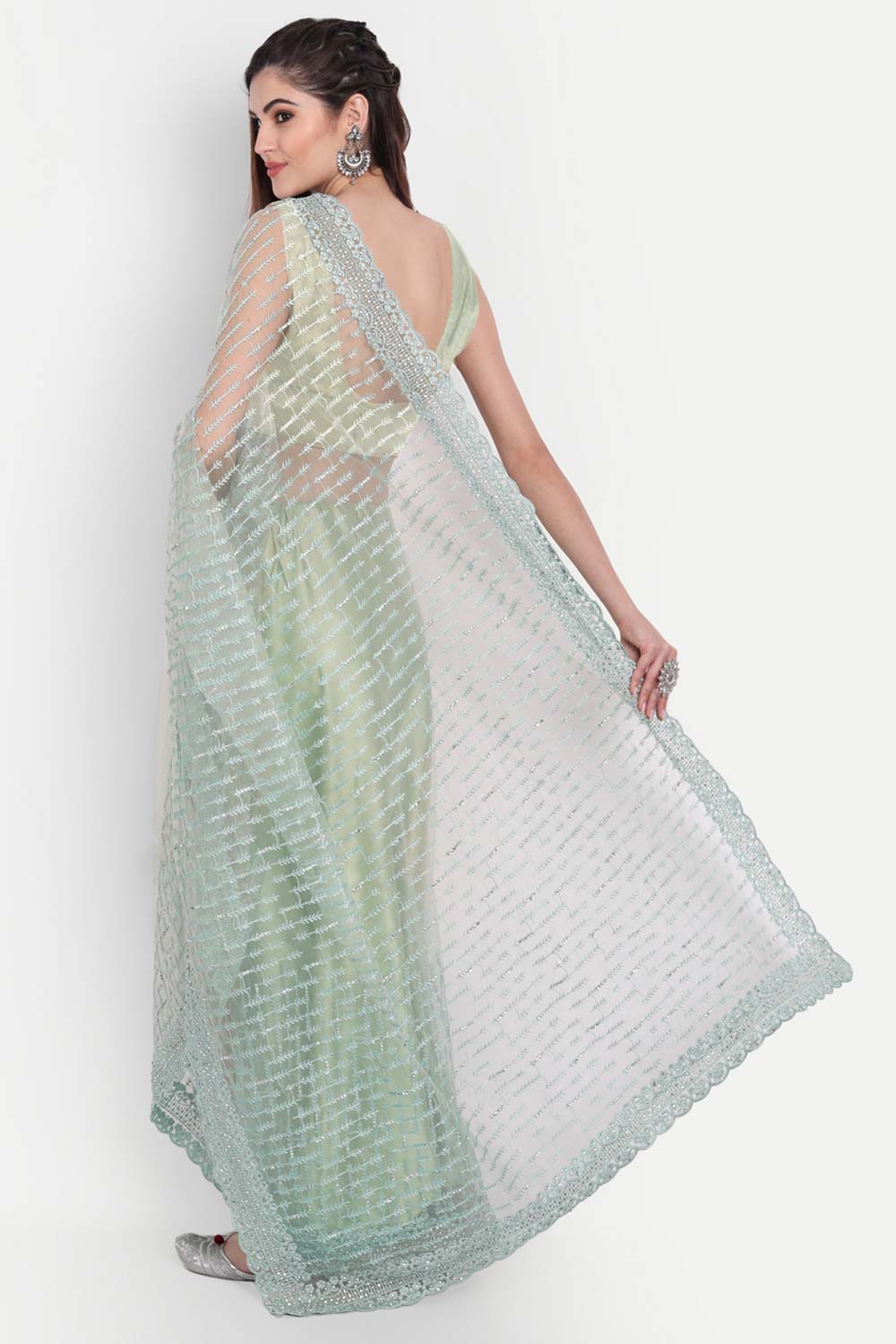 Shop Ziara Green Net Thread Embroidered One Minute Saree at best offer at our  Store - One Minute Saree