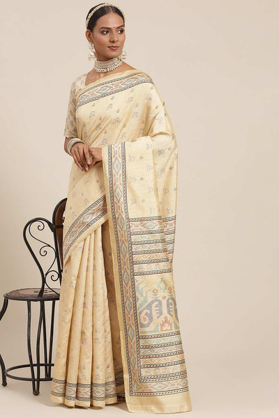 Buy Bina Beige & Blue Bhagalpuri Silk Ikat One Minute Saree Online - One Minute Saree