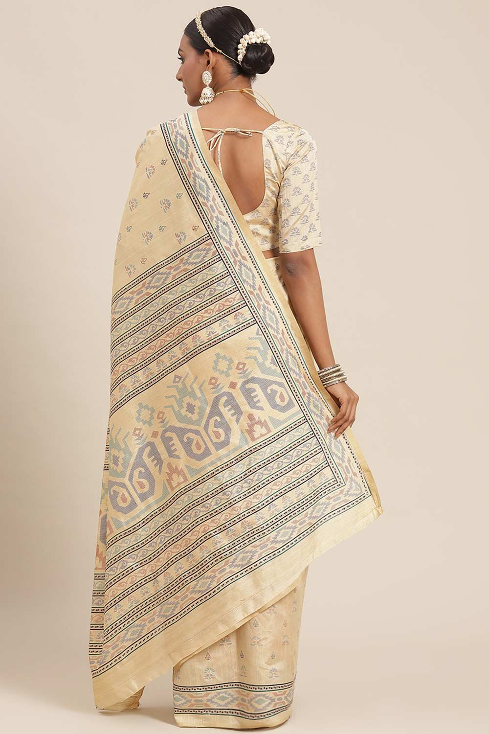 Shop Bina Beige & Blue Bhagalpuri Silk Ikat One Minute Saree at best offer at our  Store - One Minute Saree