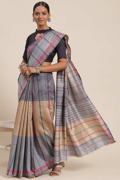 Buy Nora Blue Bhagalpuri Silk Striped Printed Taant One Minute Saree Online - One Minute Saree