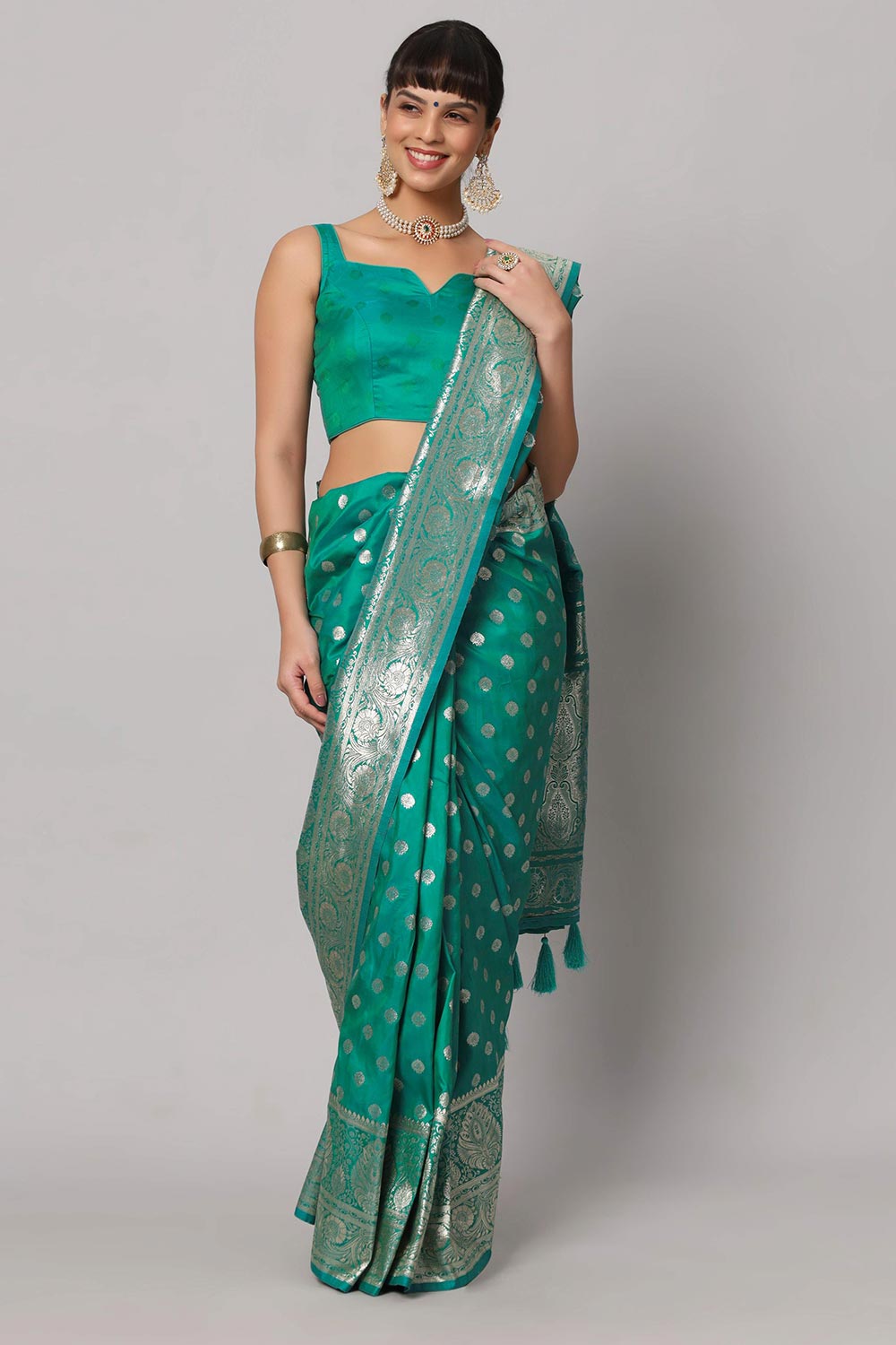 Buy Riya Teal & Gold Full Embroidered Banarasi One Minute Saree Online - One Minute Saree