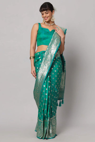 Shop Riya Teal & Gold Full Embroidered Banarasi One Minute Saree at best offer at our  Store - One Minute Saree