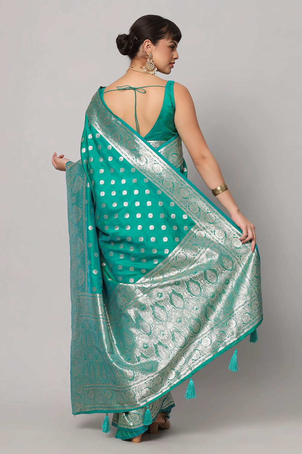 Buy Riya Teal & Gold Full Embroidered Banarasi One Minute Saree Online