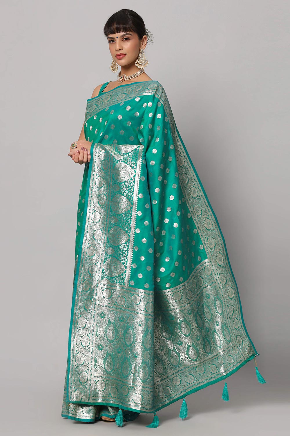 Buy Riya Teal & Gold Full Embroidered Banarasi One Minute Saree Online - Back