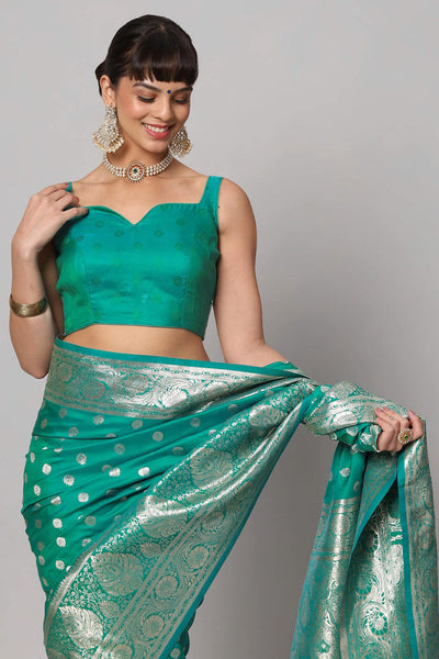 Buy Riya Teal & Gold Full Embroidered Banarasi One Minute Saree Online - Front