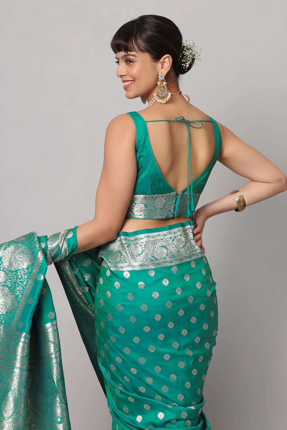 Buy Riya Teal & Gold Full Embroidered Banarasi One Minute Saree Online - Side