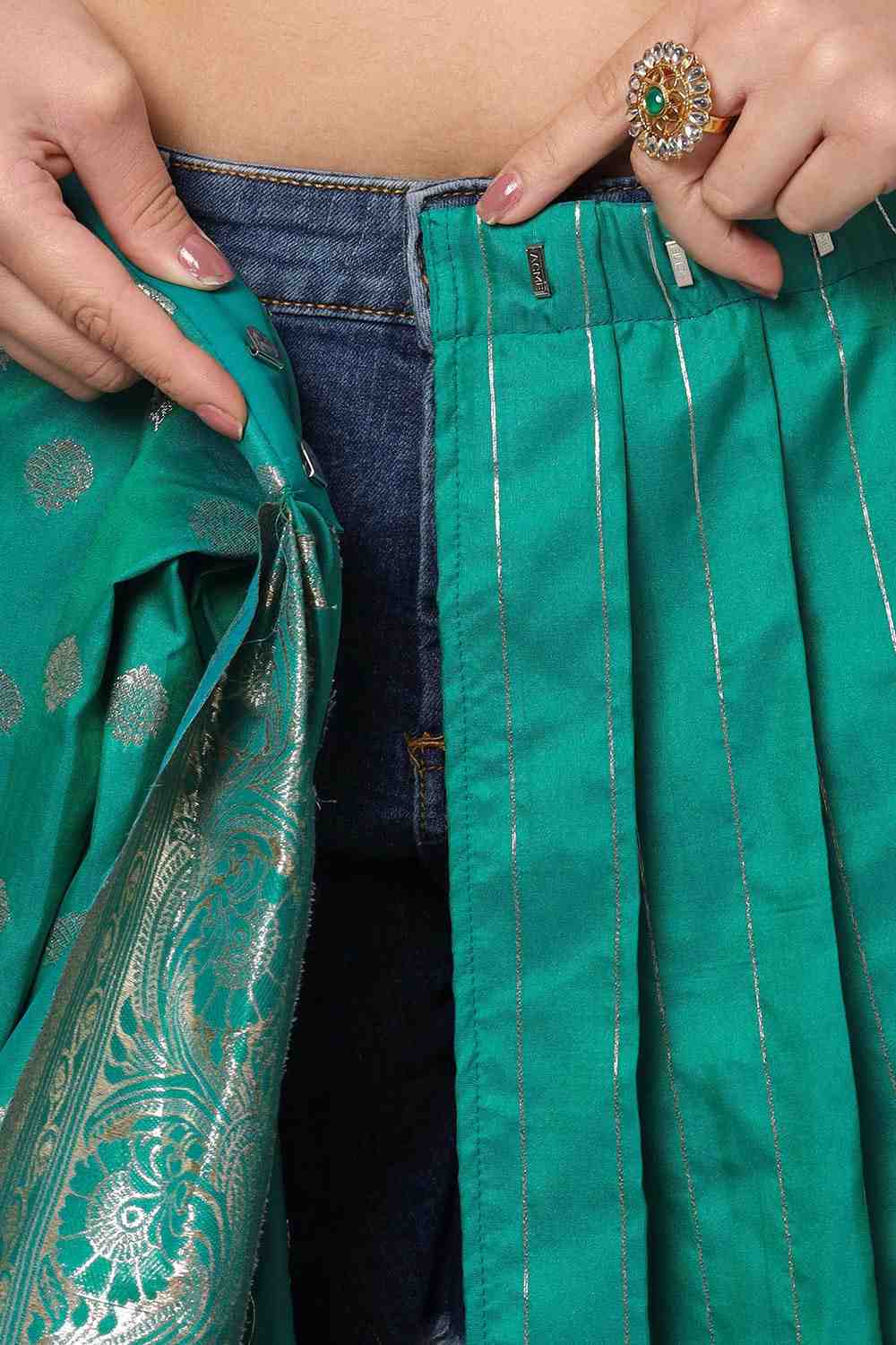 Buy Riya Teal & Gold Full Embroidered Banarasi One Minute Saree Online - Zoom In