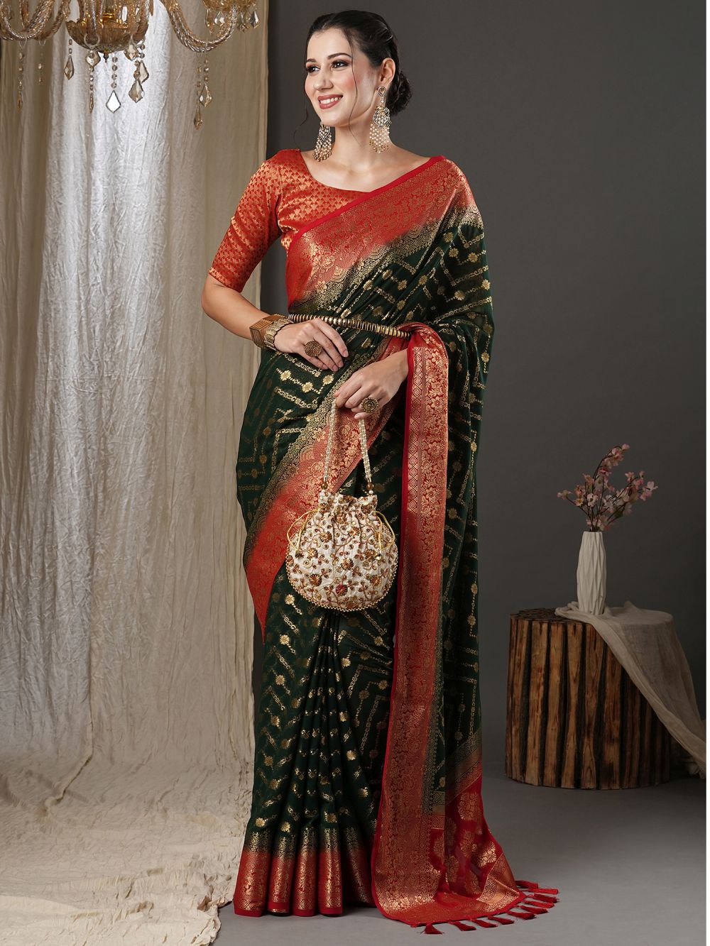 Buy Prachi Dark Green & Red Georgette Kanjivaram One Minute Saree Online