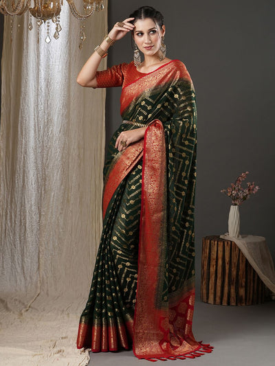 Buy Prachi Dark Green & Red Georgette Kanjivaram One Minute Saree Online - Back