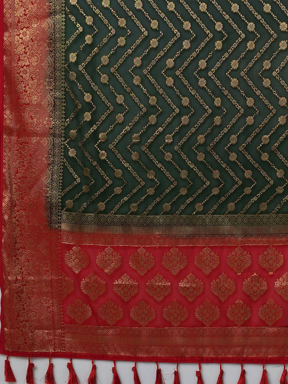 Buy Prachi Dark Green & Red Georgette Kanjivaram One Minute Saree Online - Front