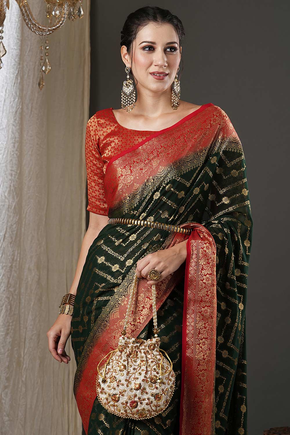 Buy Prachi Dark Green & Red Georgette Kanjivaram One Minute Saree Online - One Minute Saree