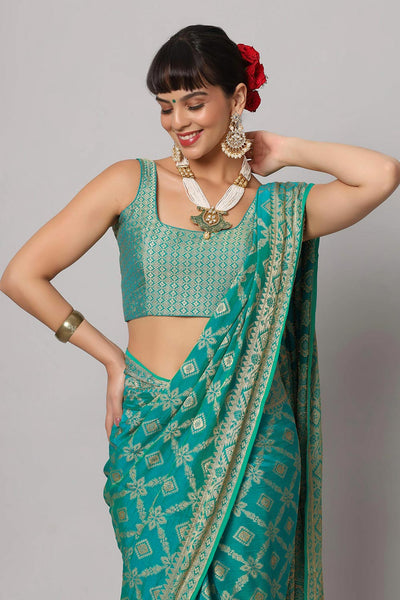 Buy Sana Turquoise Gold Embroidered Georgette One Minute Saree Online