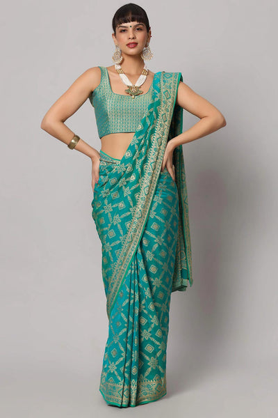 Buy Sana Turquoise Gold Embroidered Georgette One Minute Saree Online - One Minute Saree