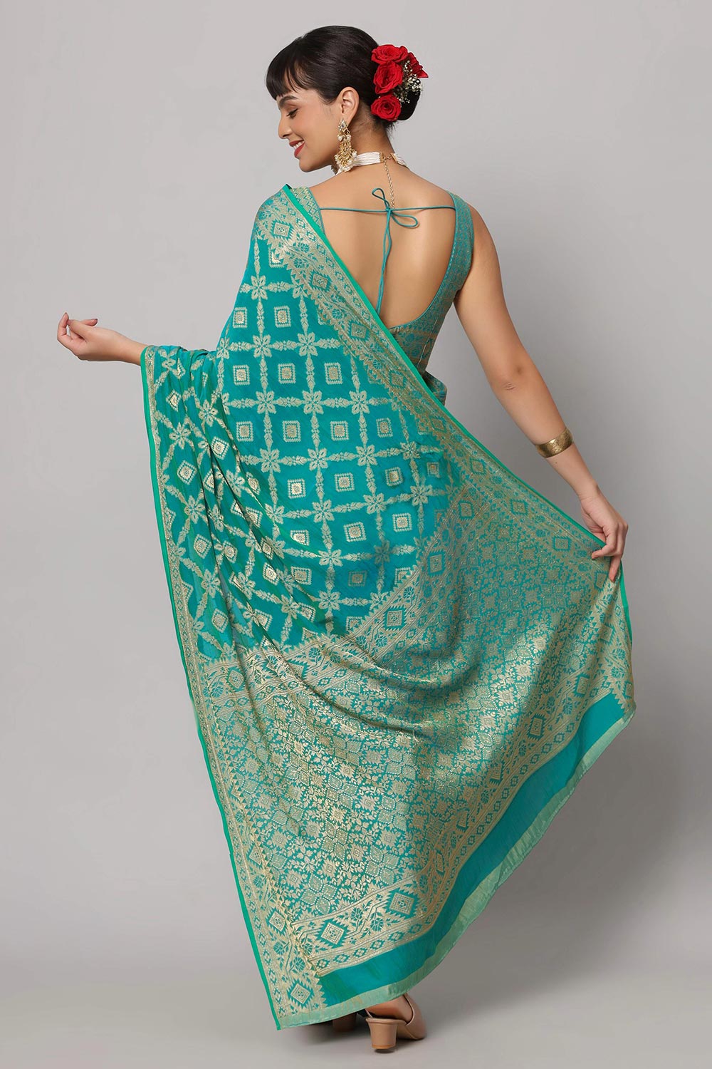 Shop Sana Turquoise Gold Embroidered Georgette One Minute Saree at best offer at our  Store - One Minute Saree