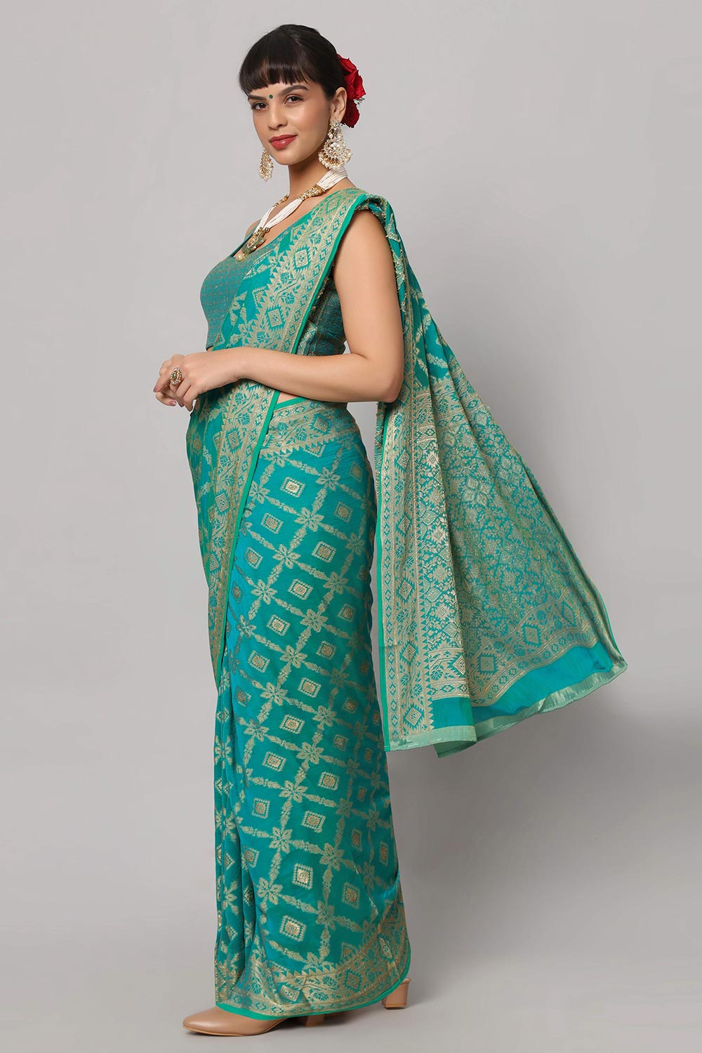 Buy Sana Turquoise Gold Embroidered Georgette One Minute Saree Online - Back
